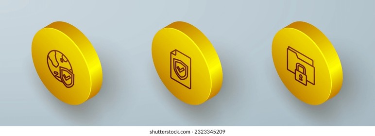 Set Isometric line Shield with world globe, Contract shield and Folder and lock icon. Vector