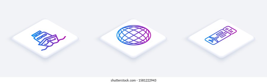 Set Isometric line Ship, Earth globe and Airline ticket. White square button. Vector