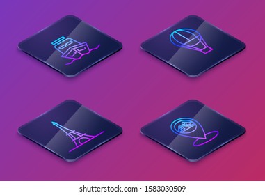 Set Isometric line Ship, Eiffel tower, Hot air balloon and Map pointer with Egypt pyramids. Blue square button. Vector
