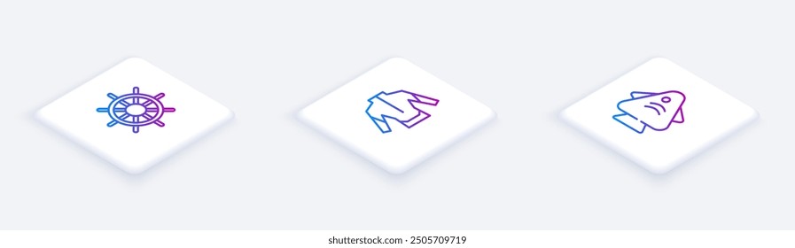 Conjunto de línea isométrica del volante del barco, traje de neopreno y pescado. Botón cuadrado blanco. Vector