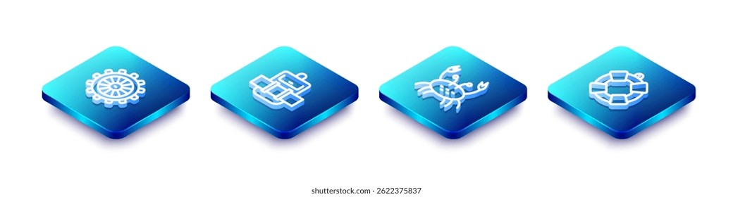 Set Isometric line Ship steering wheel, Hiking backpack, Crab and Lifebuoy icon. Vector