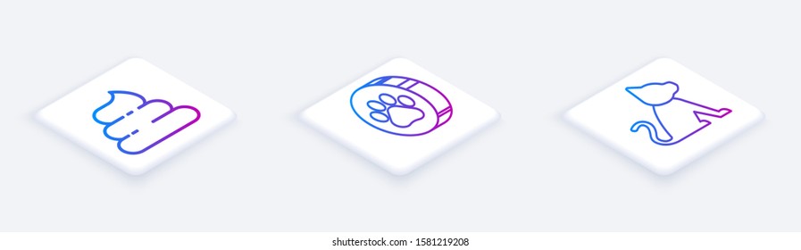 Set Isometric line Shit, Paw print and Cat. White square button. Vector