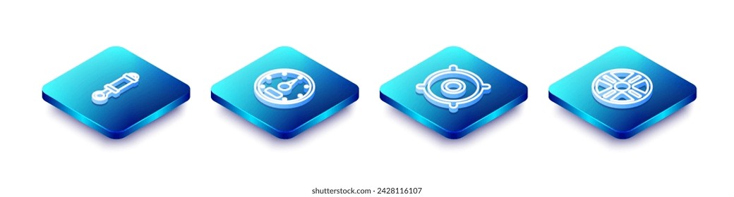 Set Isometric line Shock absorber, Speedometer, Car audio speaker and Alloy wheel icon. Vector