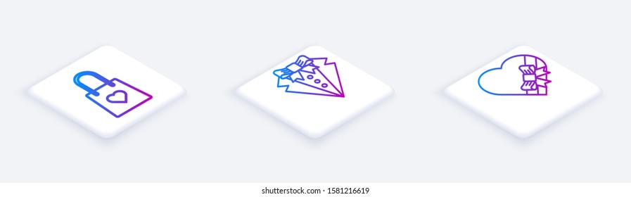 Set Isometric line Shopping bag with heart, Suit and Candy in heart shaped box and bow. White square button. Vector