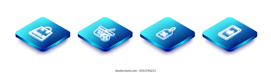 Definir Isometric line Saco de compras com venda, Adicionar ao cesto, etiqueta de porcentagem de desconto e ícone móvel e de compras. Vetor