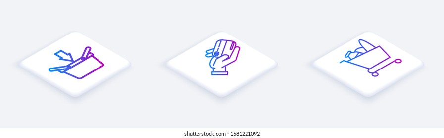 Set Isometric line Shopping basket, Human hand holding with credit card and Shopping cart and food. White square button. Vector