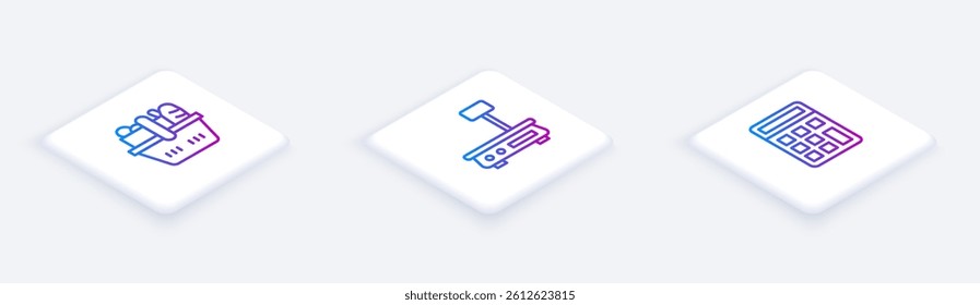 Set Isometric line Shopping basket and food, Electronic scales and Calculator. White square button. Vector