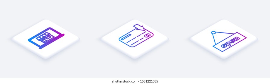 Set Isometric line Shopping building on screen laptop, Credit card and Hanging sign with text Open door. White square button. Vector