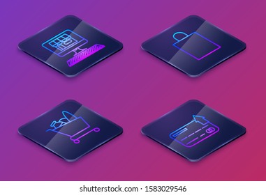 Set Isometric line Shopping building on screen computer, Shopping cart and food, Paper shopping bag and Credit card. Blue square button. Vector