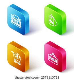 Set Isometric line Shopping building and sale, Discount percent tag, cart euro and Hanging sign with Sale icon. Vector