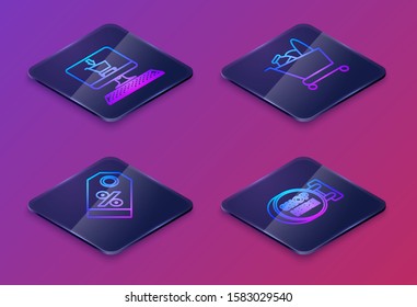Set Isometric line Shopping cart on screen computer, Discount percent tag, Shopping cart and food and Signboard hanging with an inscription shop here. Blue square button. Vector
