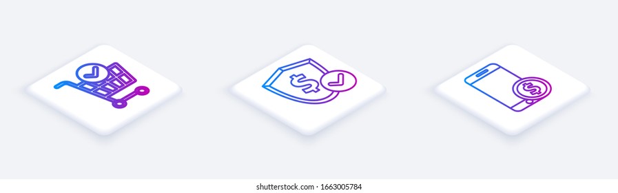 Set Isometric line Shopping cart with check mark Shield with dollar,  and Smartphone with dollar. White square button. Vector