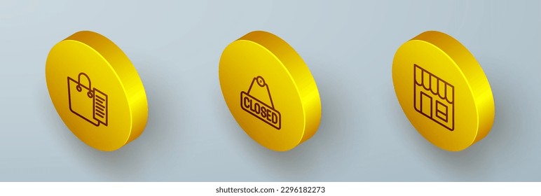 Establecer la lista de compras de línea isométrica, el signo de suspensión con texto Cerrado y el icono de almacén de mercado. Vector