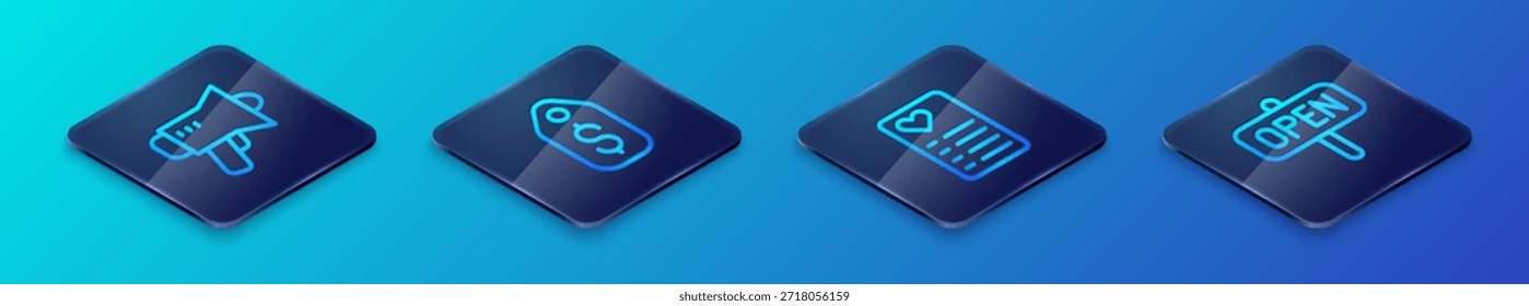 Lista de compras, megáfono, signo colgante con el texto Abierto y el icono del dólar de la etiqueta del Precio. Vector