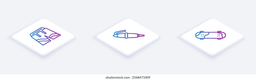 Set Isometric line Short or pants, Fountain pen nib and Skateboard trick. White square button. Vector