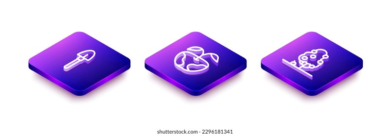 Set Isometric line Shovel, Apple and Fruit tree icon. Vector