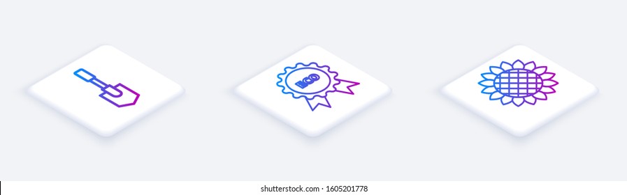 Set Isometric line Shovel, Banner, label, tag, logo for eco and Sunflower. White square button. Vector