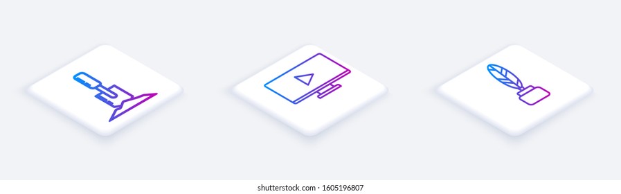 Set Isometric line Shovel in the ground, Online play video and Feather and inkwell. White square button. Vector