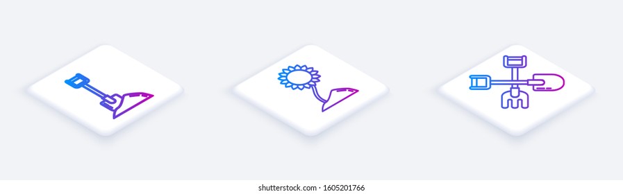Set Isometric line Shovel in the ground, Sunflower and Shovel and rake. White square button. Vector