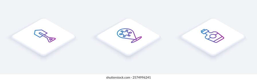 Set Isometric line Shovel, Hexagram sheriff and Tequila bottle. White square button. Vector