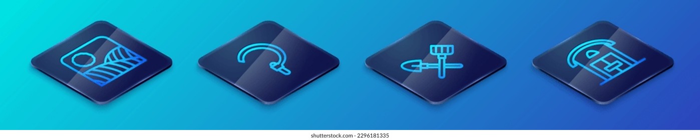 Set Isometric line Shovel and rake, Agriculture wheat field farm, Farm house and Sickle icon. Vector