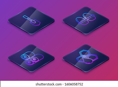Set Isometric line Shovel, Roll of hay, Chicken egg in box and Honeycomb. Blue square button. Vector