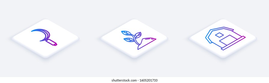 Set Isometric line Sickle, Sprout and Farm House concept. White square button. Vector