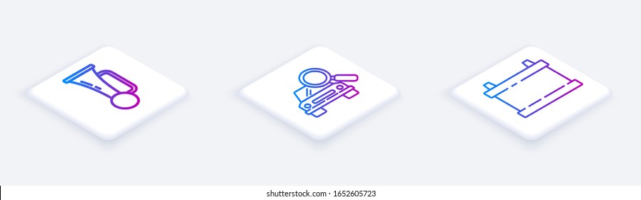 Set Isometric line Signal horn on vehicle, Car search and Car battery. White square button. Vector