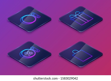 Set Isometric line Signboard hanging, Signboard hanging with an inscription discount percent, Gift box and Paper shopping bag. Blue square button. Vector