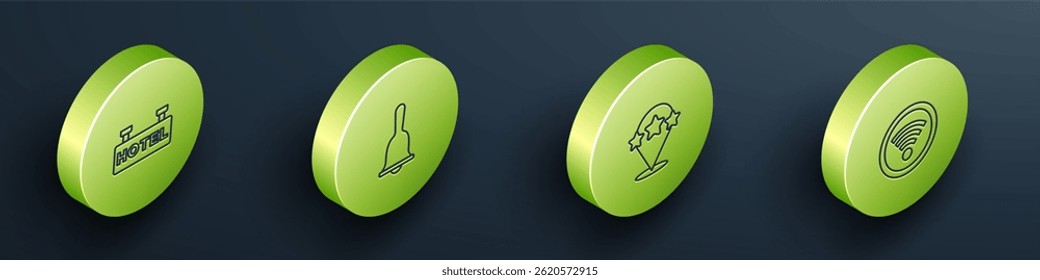 Set Isometric line Signboard with text Hotel, service bell, Five stars rating review and Wi-Fi wireless icon. Vector