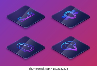 Set Isometric line Skate park, Carabiner, Knee pads and Parachute. Blue square button. Vector