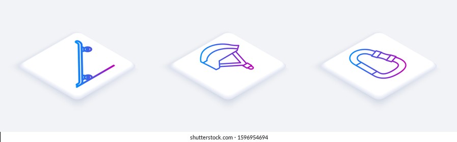 Set Isometric line Skateboard, Bicycle helmet and Carabiner. White square button. Vector