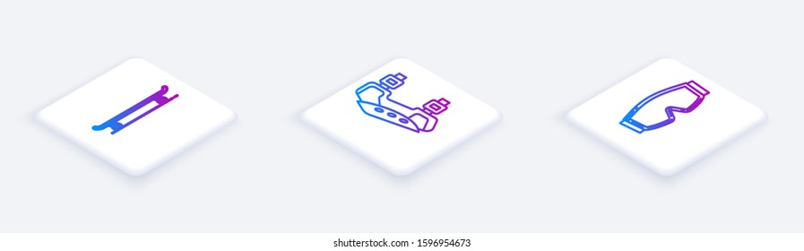 Set Isometric line Skateboard, Knee pads and Ski goggles. White square button. Vector
