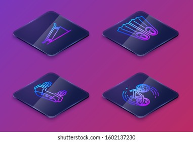 Set Isometric line Skateboard on street ramp, Knee pads, Rubber flippers for swimming and Bicycle trick. Blue square button. Vector