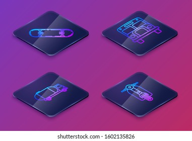 Set Isometric line Skateboard, Tanker truck, School Bus and Scooter. Blue square button. Vector