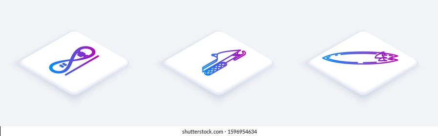 Set Isometric line Skateboard trick, Snowmobile and Surfboard. White square button. Vector