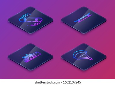 Set Isometric line Skateboard trick, Bicycle on street ramp, Skateboard and Bicycle helmet. Blue square button. Vector