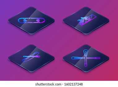 Set Isometric line Skateboard trick, Rafting boat, Bicycle on street ramp and Crossed paddle. Blue square button. Vector