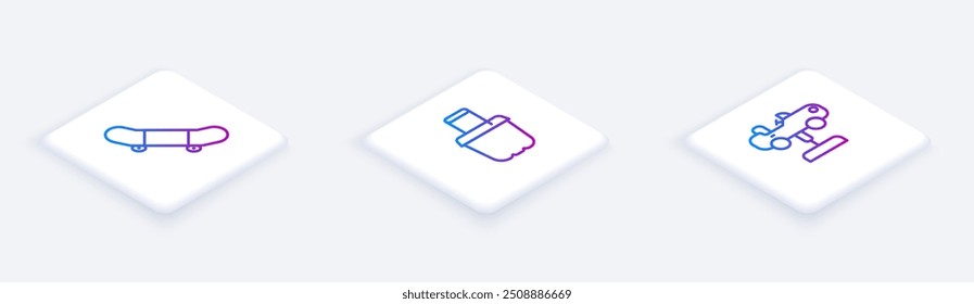 Set Isometric line Skateboard trick, Sand in bucket and Swing car. White square button. Vector