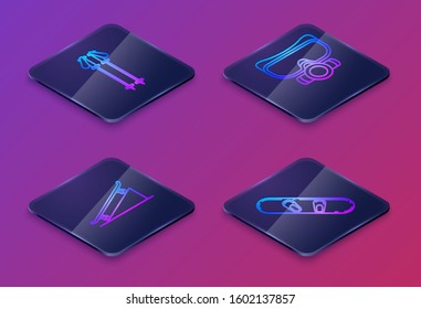 Set Isometric line Ski poles, Skateboard on street ramp, Diving mask and Snowboard. Blue square button. Vector