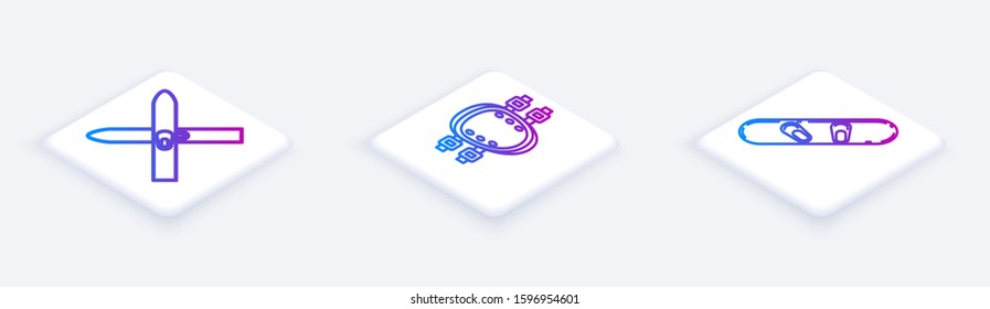 Set Isometric line Ski and sticks, Knee pads and Snowboard. White square button. Vector