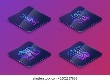 Set Isometric line Ski and sticks, Diving mask and aqualung, Gloves and Rubber flippers for swimming. Blue square button. Vector