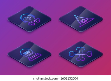 Set Isometric line Skull on crossbones , Tombstone with RIP, Witch hat  and Crossed bones . Blue square button. Vector