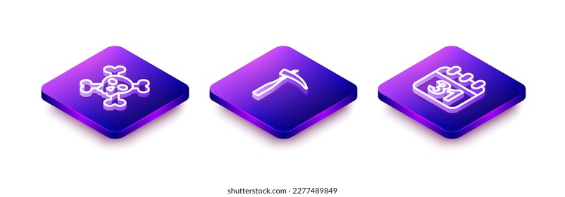 Set Isometric line Skull on crossbones, Scythe and Halloween date 31 october icon. Vector