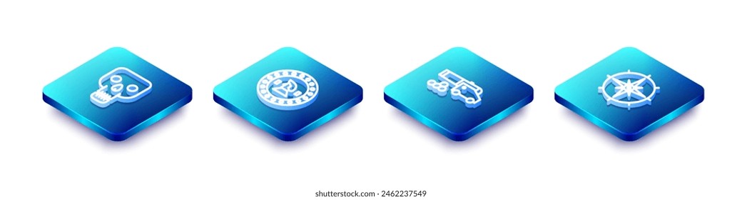 Set Isometric line Skull, Pirate coin, Cannon with cannonballs and Wind rose icon. Vector