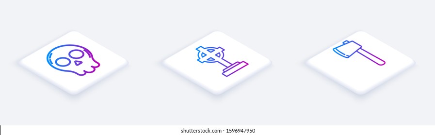 Set Isometric line Skull , Tombstone with cross  and Wooden axe . White square button. Vector
