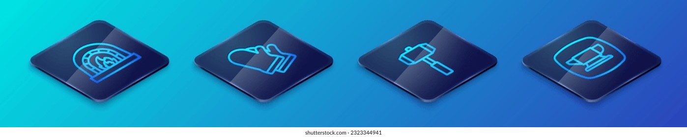 Set Isometric line Sledgehammer, Blacksmith oven, anvil tool and Protective gloves icon. Vector