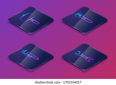 Set Isometric line Sledgehammer, Calliper or caliper and scale, Adjustable wrench and Wrench spanner. Blue square button. Vector