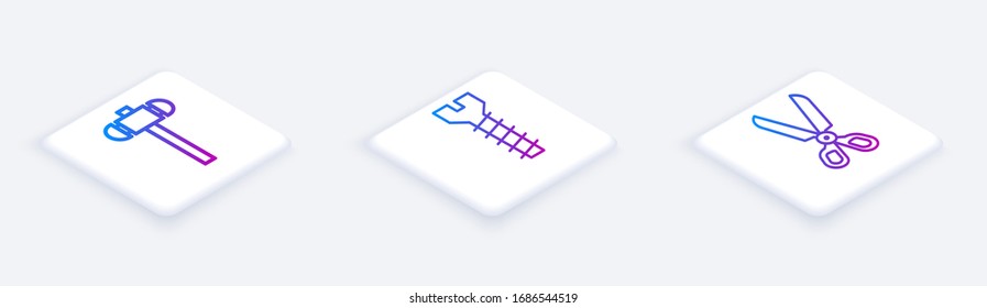 Set Isometric line Sledgehammer, Metallic screw and Scissors. White square button. Vector