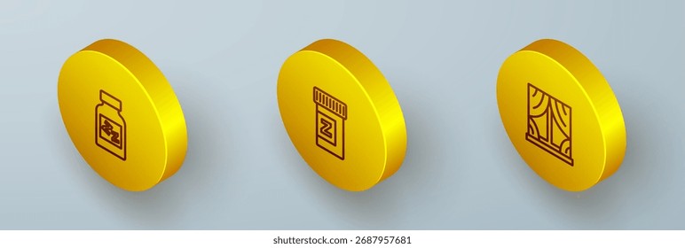 Establecer la línea isométrica de la píldora de dormir, y la ventana con el icono de cortinas. Vector